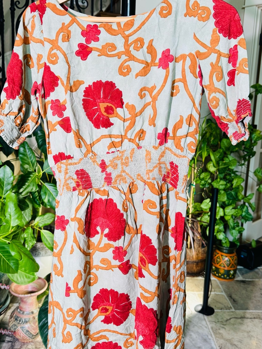 Cream Midi Dress with Red Floral & Orange Vine Print